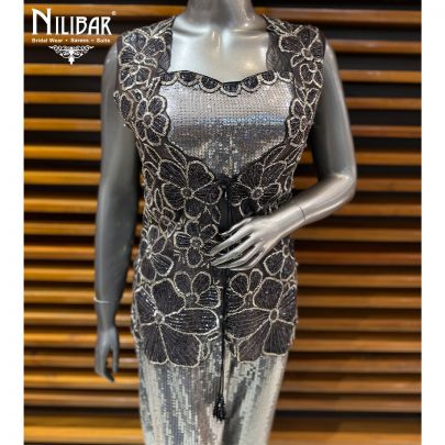 Silver Silk Crop Top Paired With Net Shrug & Pants