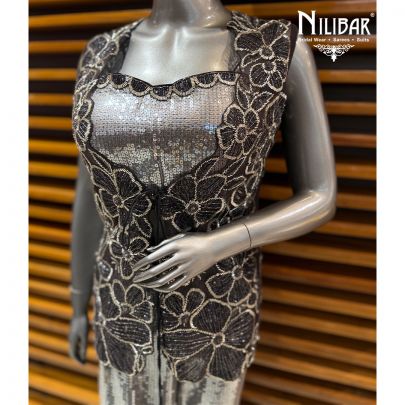 Silver Silk Crop Top Paired With Net Shrug & Pants