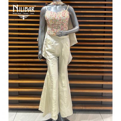 Cream Lamé Silk Crop Top With Bell Bottoms