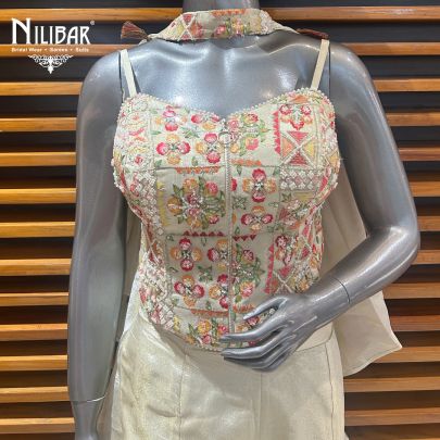 Cream Lamé Silk Crop Top With Bell Bottoms