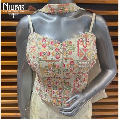 Cream Lamé Silk Crop Top With Bell Bottoms