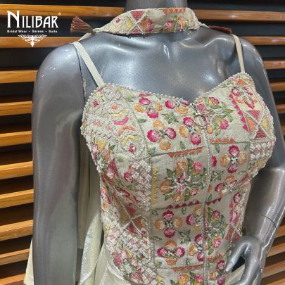 Cream Lamé Silk Crop Top With Bell Bottoms
