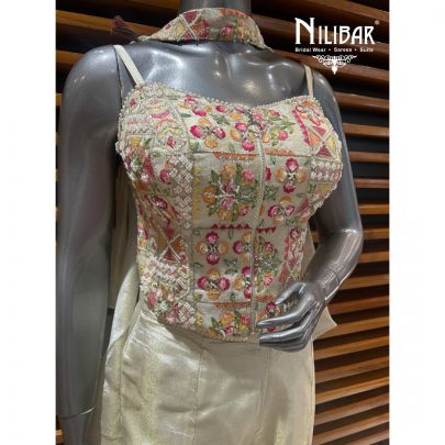 Cream Lamé Silk Crop Top With Bell Bottoms