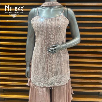 Baby Pink Net Top Paired With Chinon Bottom Palazzo Suit Set