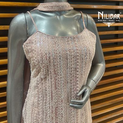 Baby Pink Net Top Paired With Chinon Bottom Palazzo Suit Set