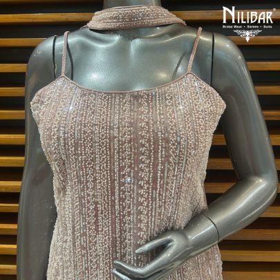 Baby Pink Net Top Paired With Chinon Bottom Palazzo Suit Set