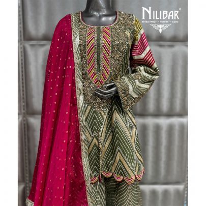 Mehndi Green & Hot Pink Silk Organza Jaffa Pants Suit