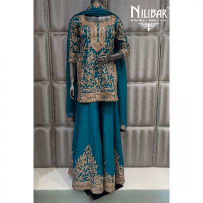 Teal Blue Silk Organza Jaffa Pants Suit