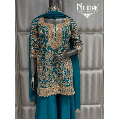 Teal Blue Silk Organza Jaffa Pants Suit