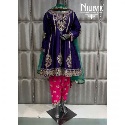 Purple & Hot Pink Silk Georgette Short Anarkali Dhoti Suit