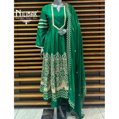 Leaf Green Silk Anarkali With Pant