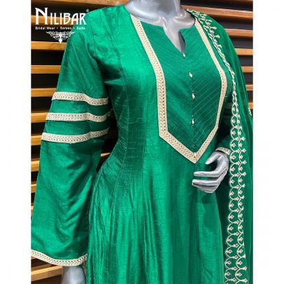 Leaf Green Silk Anarkali With Pant