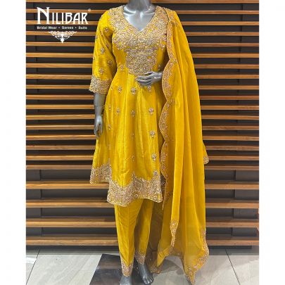 Yellow Silk Short Anarkali With Salwar
