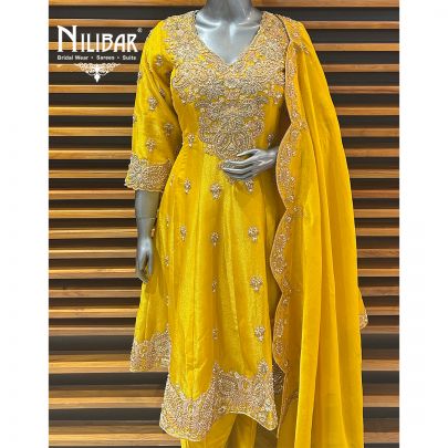 Yellow Silk Short Anarkali With Salwar