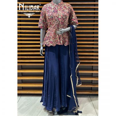 Blue Silk Top Paired With Crepe Bottom Indo Western Set