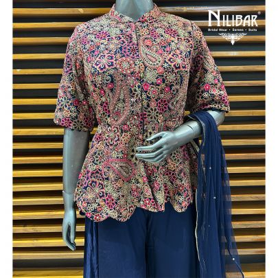Blue Silk Top Paired With Crepe Bottom Indo Western Set