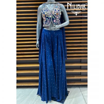 Blue Silk Top Paired With Crepe Bottom Flared Palazzo