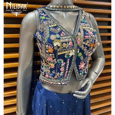 Blue Silk Top Paired With Crepe Bottom Flared Palazzo