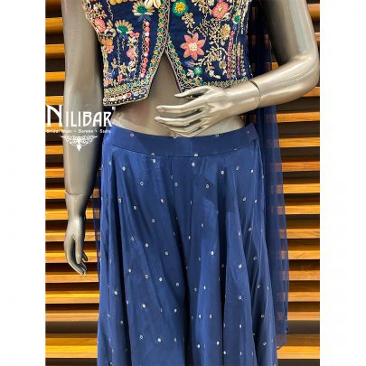 Blue Silk Top Paired With Crepe Bottom Flared Palazzo