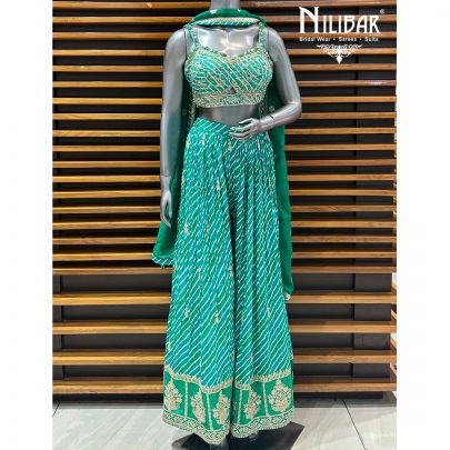 Green Crepe Crop Top Paired With Flared Palazzo