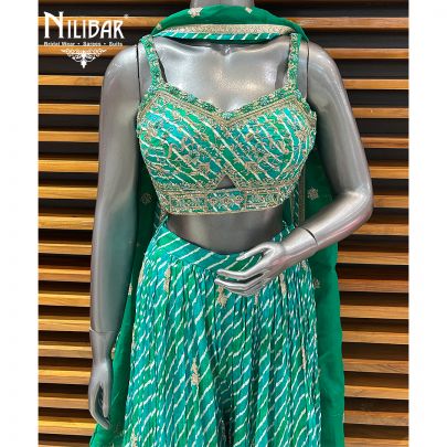 Green Crepe Crop Top Paired With Flared Palazzo