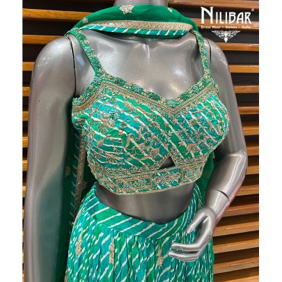 Green Crepe Crop Top Paired With Flared Palazzo