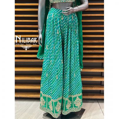 Green Crepe Crop Top Paired With Flared Palazzo