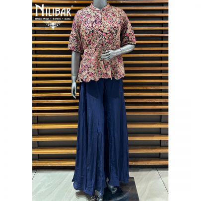 Blue Silk Top Paired With Crepe Bottom Indo Western Set