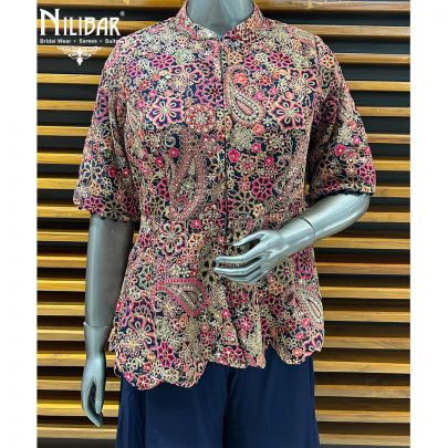Blue Silk Top Paired With Crepe Bottom Indo Western Set