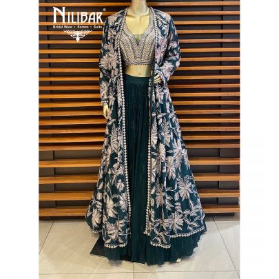 Designer Sky Blue & Green Lehenga Choli with Jacket