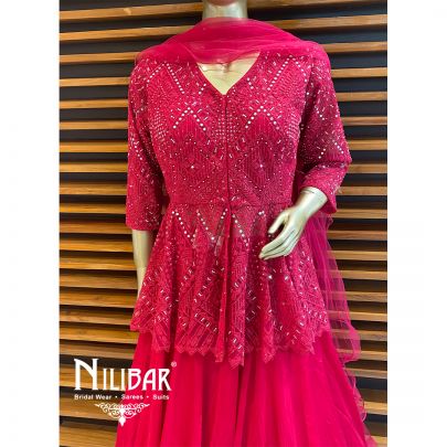 Mehroon Chinon Jacket Style Lehenga