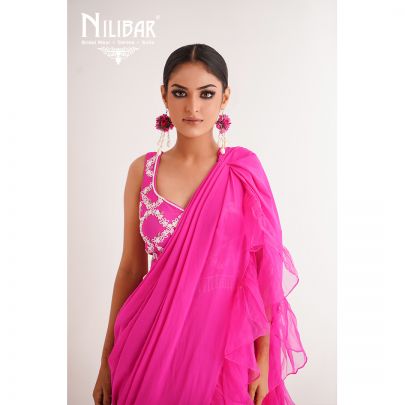Bright Pink Silk Organza Drape Saree