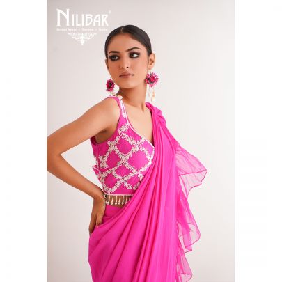 Bright Pink Silk Organza Drape Saree