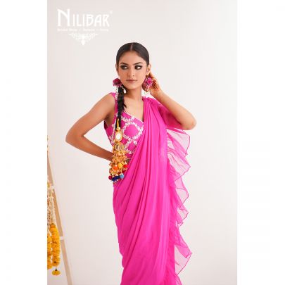 Bright Pink Silk Organza Drape Saree