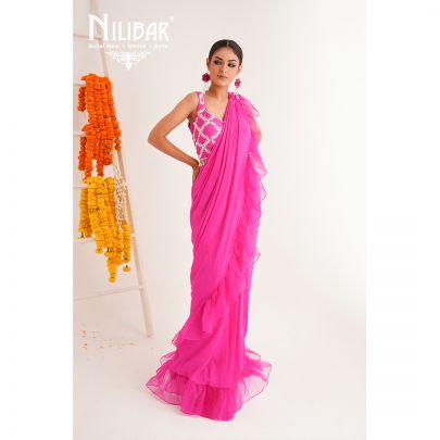 Bright Pink Silk Organza Drape Saree