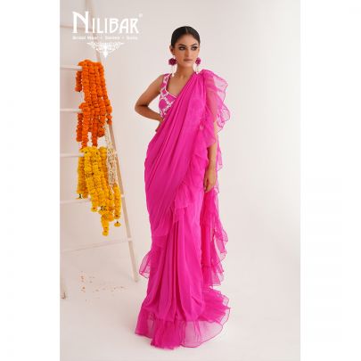Bright Pink Silk Organza Drape Saree
