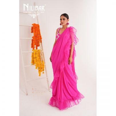 Bright Pink Silk Organza Drape Saree