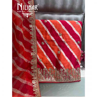 Red Orange Silk Organza Unstitched Suit