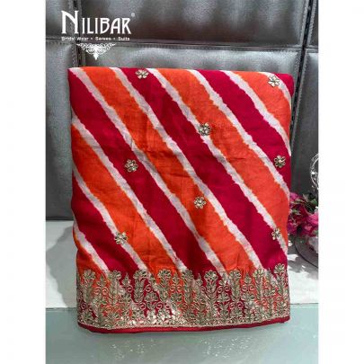 Red Orange Silk Organza Unstitched Suit