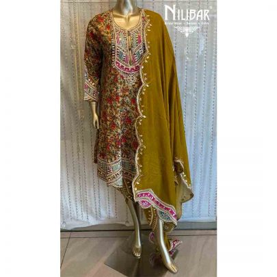 Olive Green Silk Anarkali With Dhoti Set