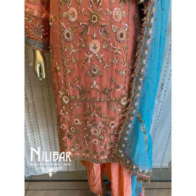 Peach And Blue Crepe Organza Salwar Suit