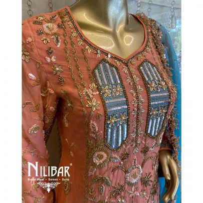 Peach And Blue Crepe Organza Salwar Suit