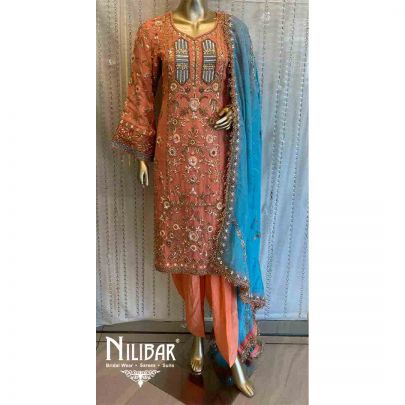 Peach And Blue Crepe Organza Salwar Suit