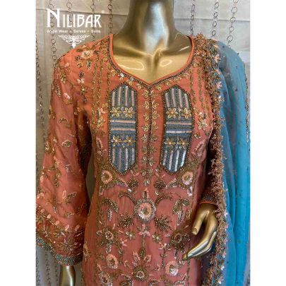 Peach And Blue Crepe Organza Salwar Suit