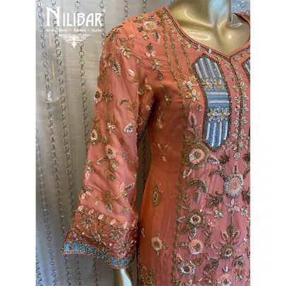 Peach And Blue Crepe Organza Salwar Suit