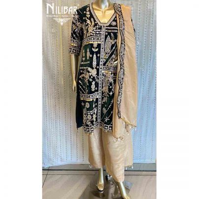 Dark Green And Light Gold Velevt Pant Suit