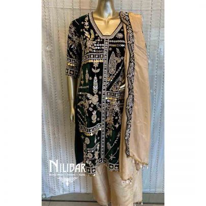 Dark Green And Light Gold Velevt Pant Suit