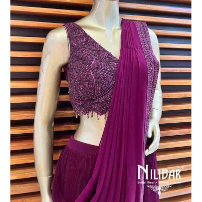 Plum Lycra Draped Saree