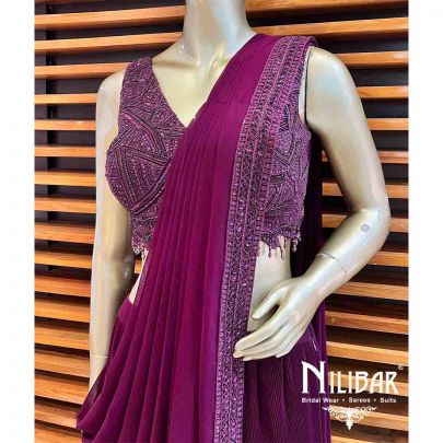 Plum Lycra Draped Saree