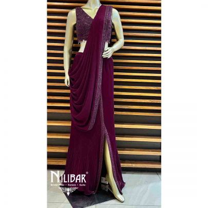 Plum Lycra Draped Saree